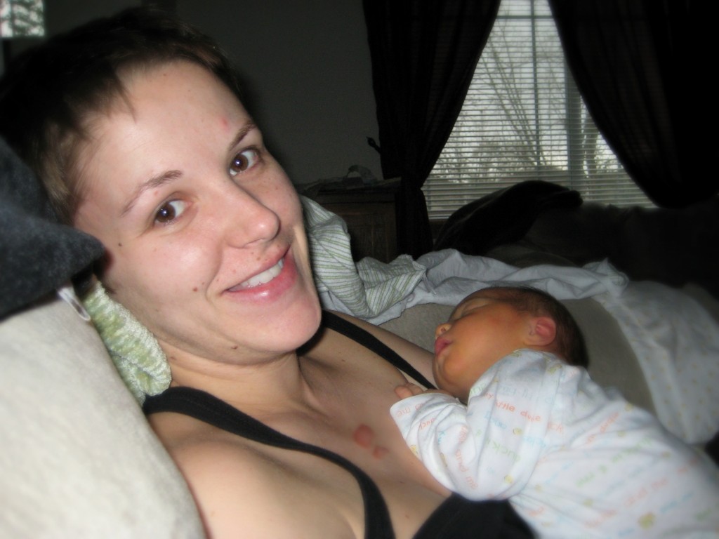 woman, mother, newborn, baby boy, baby, baby sleeping on mother, exhausted
