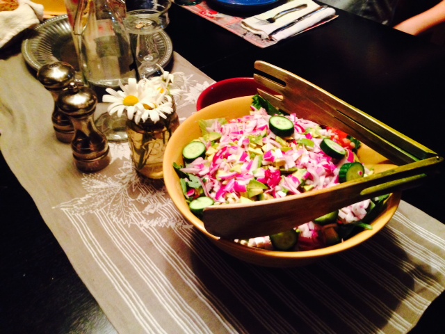 salad, fresh vegetables, salad tongs, fresh cut flowers, dinner