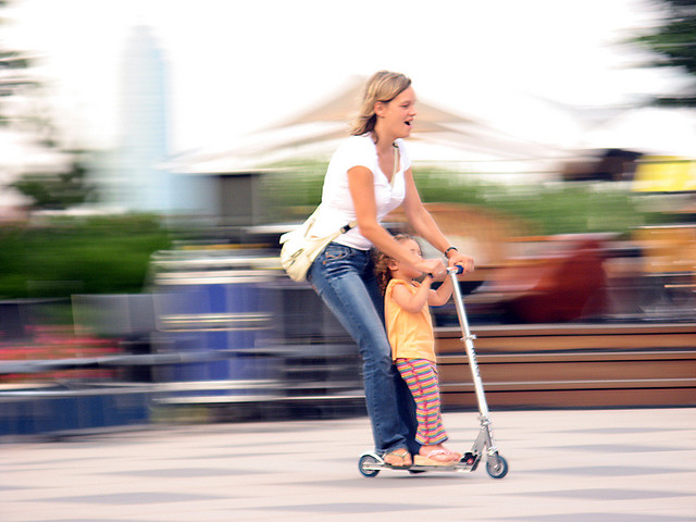 Mother-Daughter Bucket List woman, mother, little girl, daughter, scooter, city