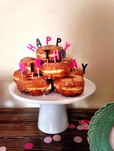 cronuts, donuts on cake stand, cronuts happy birthday