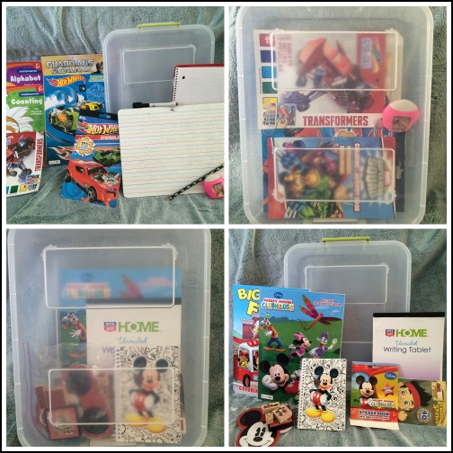 plastic bins, road trip, pens, pads, coloring books. stickers, stamps