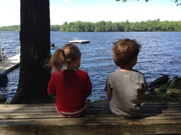 Evolution of a Vacation lake, children, bench