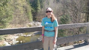 woman, bridge, stream, trees