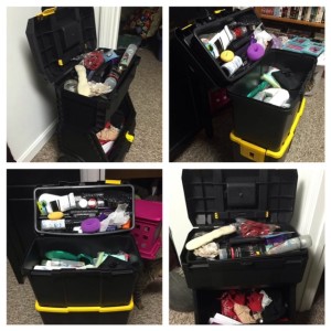 portable storage box filled with dance items