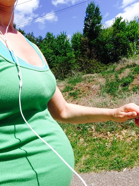 pregnant lady, headphones, trees