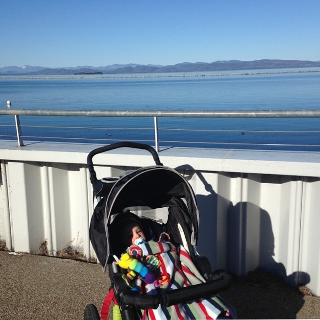 baby, stroller, mountains, lake