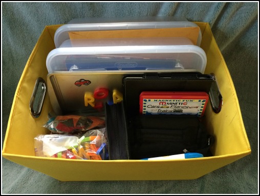 plastic bins, cookie sheets, magnets, ipad, ipod touch, road trip