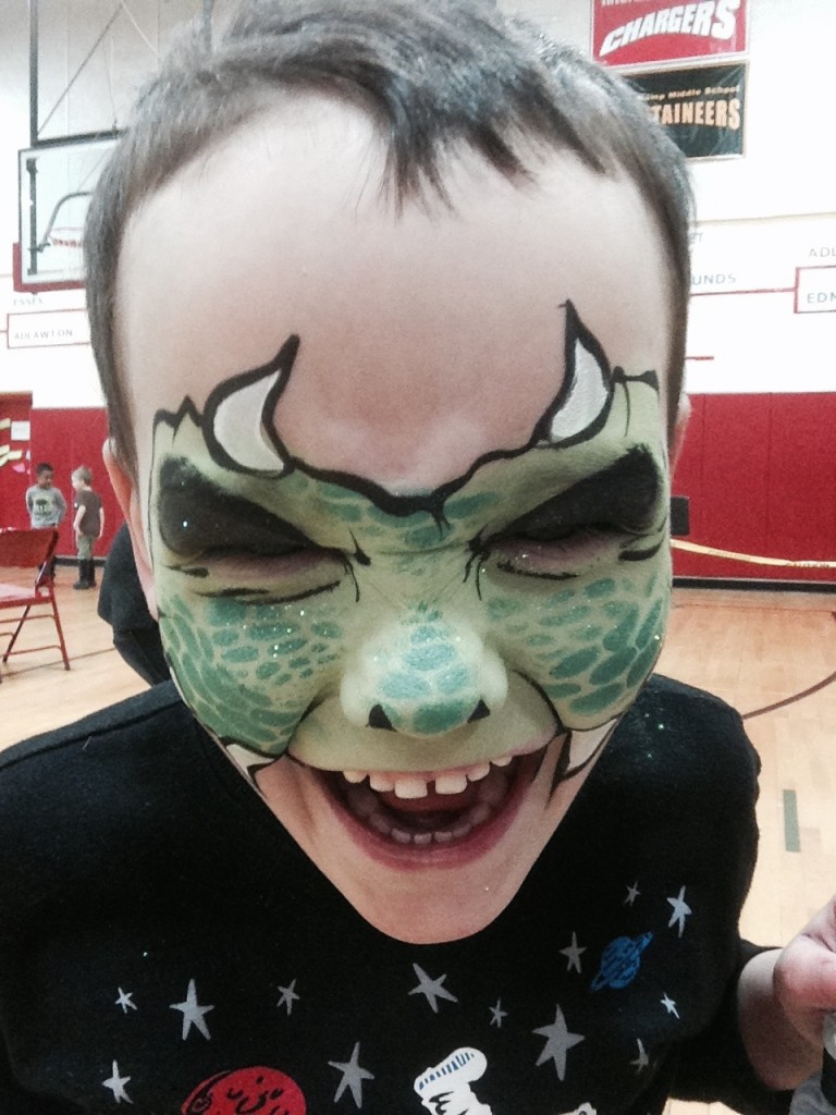 boy, dinosaur face paint