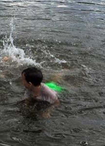 boy, water, swimming, green shorts