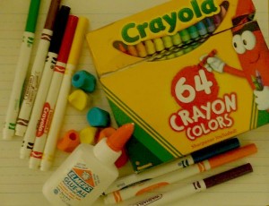 crayons, markers, glue, pencil grips