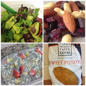 salad, trail mix, chia seeds, chips