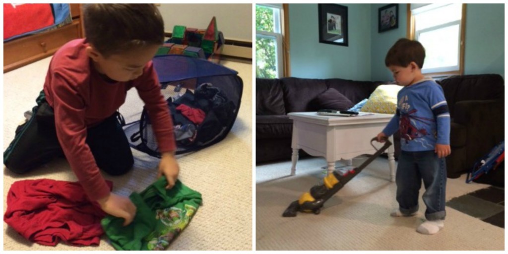 folding laundry, vacuuming the floor, vacuum, boys doing chores