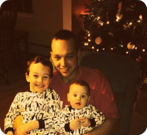 dad, two boys, christmas tree