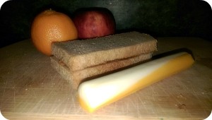sandwich, apple. orange, string cheese