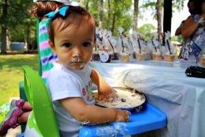 child, high chair, cake
