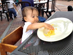 child, high chair, table, plate