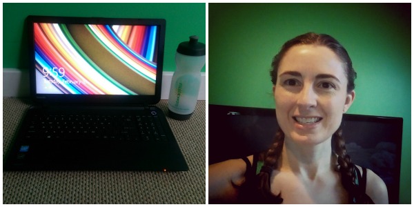 computer, water bottle, woman