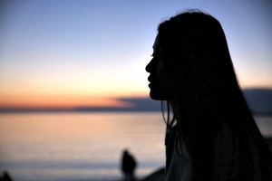 silhouette, woman, water