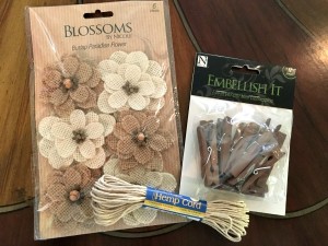 Fabric flowers, string, clothespins