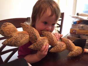 eating bread for family dinner