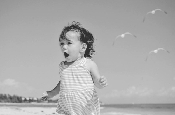 girl, birds, beach