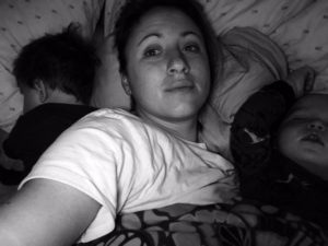 Tired Moms don't always have enough space in the bed.