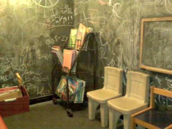 blackboard, books, chairs, play area