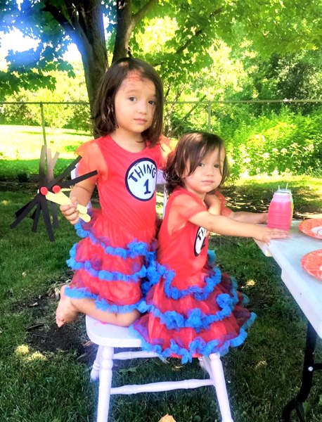 little girls, outdoors, costumes, seuss birthday party