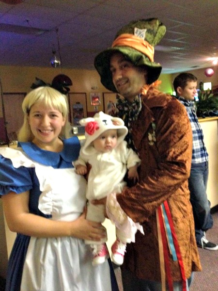family costume, man, woman, baby