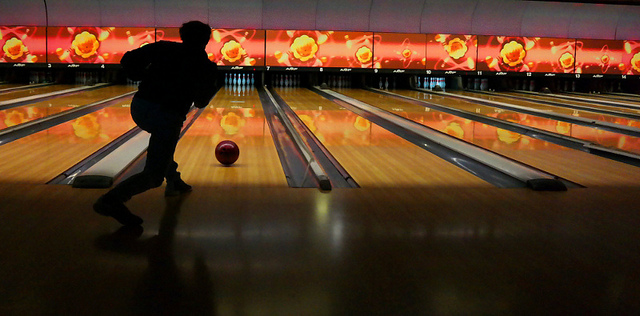 bowling, man, pins, bowling alley
