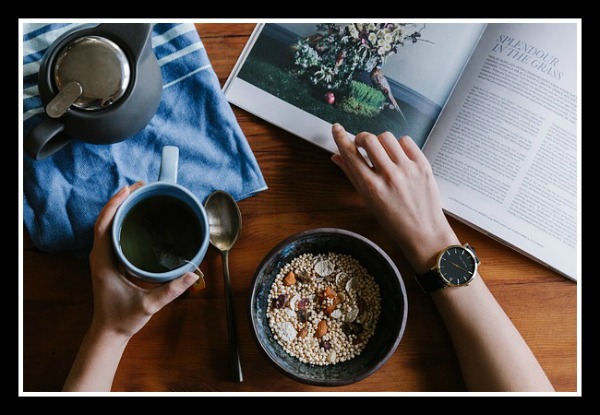 morning routine of coffee, breakfast, and a magazine