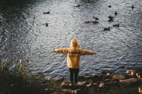 outside, nature, spread your wings, pond, kid standing on rocks, fresh air