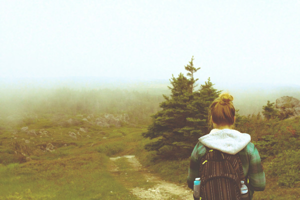 girl, tree, fog, path, hiking
