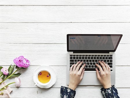 computer, flowers, tea, typing