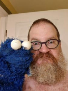 man, beard, cookie monster, blue, puppet