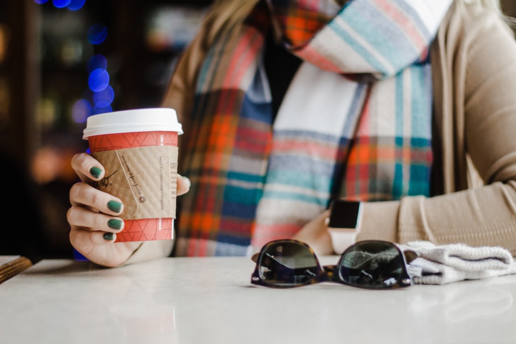 Coffee, Woman, Sitting, Sunglasses, Scarf, Prioritizing Time Alone