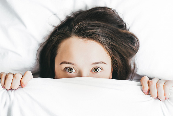 woman, hiding, bed, hair, anxious