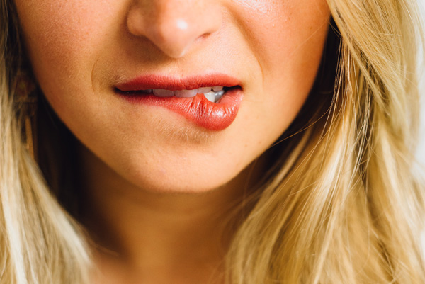 woman, lip, biting, hair, anxious