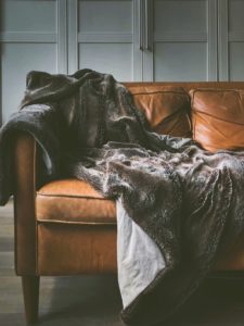 comfy couch and blanket ready for a family movie night