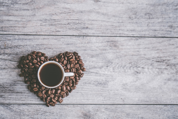 coffee beans, heart, cup of coffee