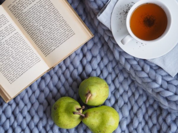 book, pears, tea