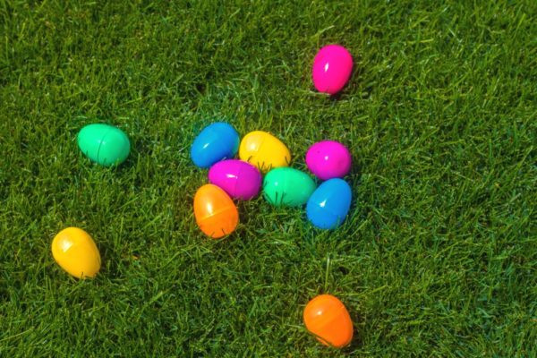 plastic easter eggs on grass