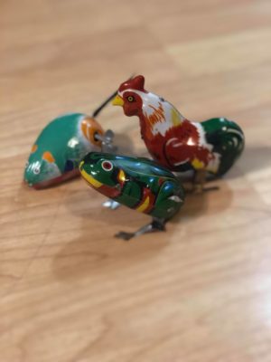 vintage wind-up frog, chicken, and mouse
