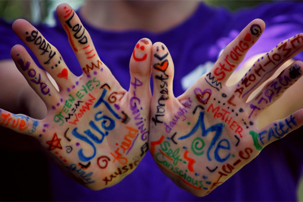 hands with adjectives written on them, hands, labels
