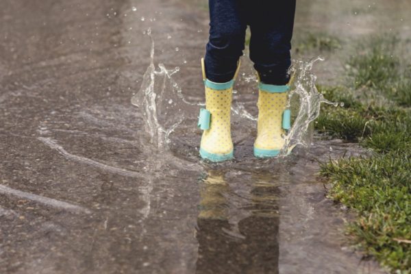 yellow rain boots, puddle jumping
