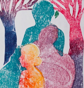 Monoprint by Priscilla Algava. silhouettes of people in bright colors.