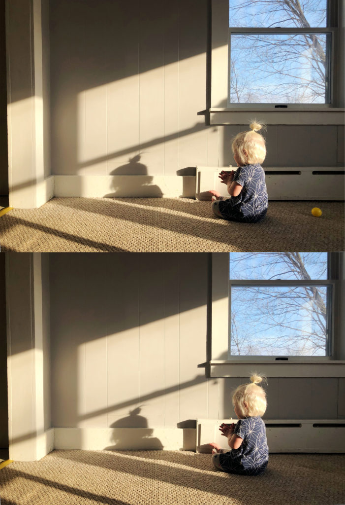 Two images are stacked on top of each other: in each, a toddler sits on the floor by a window in a stream of light. One has a yellow ball in it and the other does not.