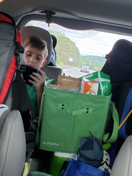 Boy sitting in third row of van playing intently on Nintendo Switch surrounded by luggage