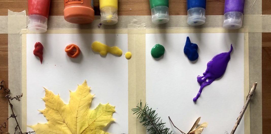 Fun and Easy Fall Art Projects That Anyone Can Do Viewed from above, natural objects and paint are laid out on paper.