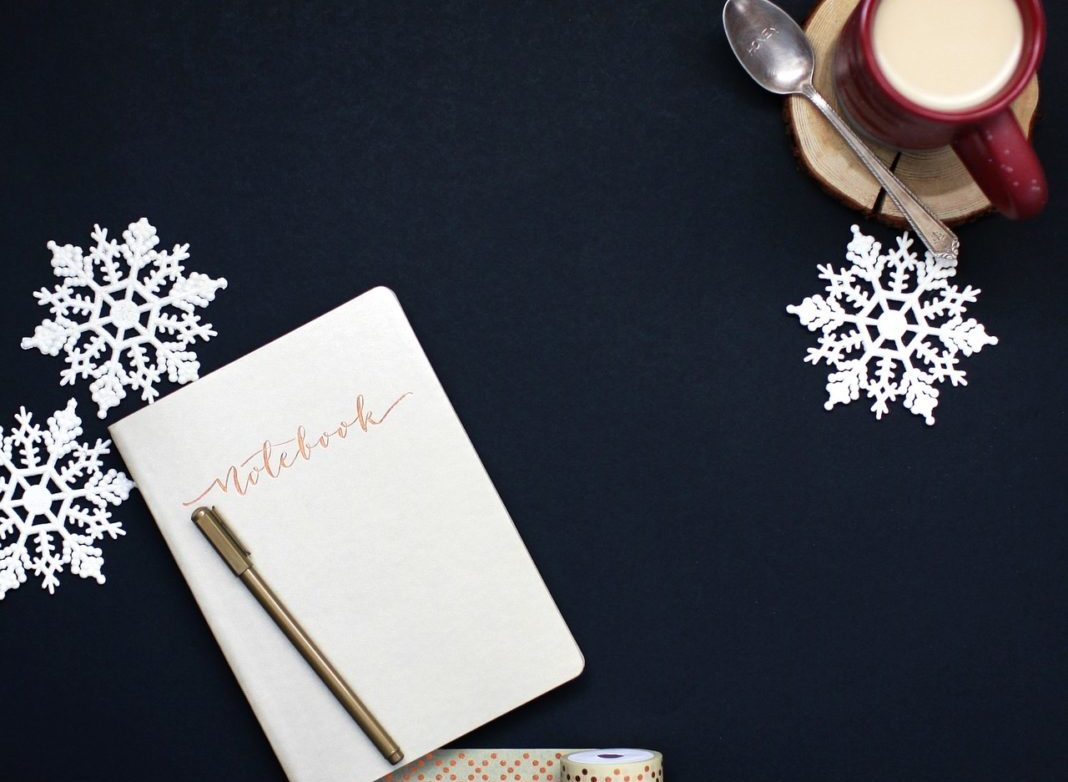A notebook and cup of coffee viewed from above.